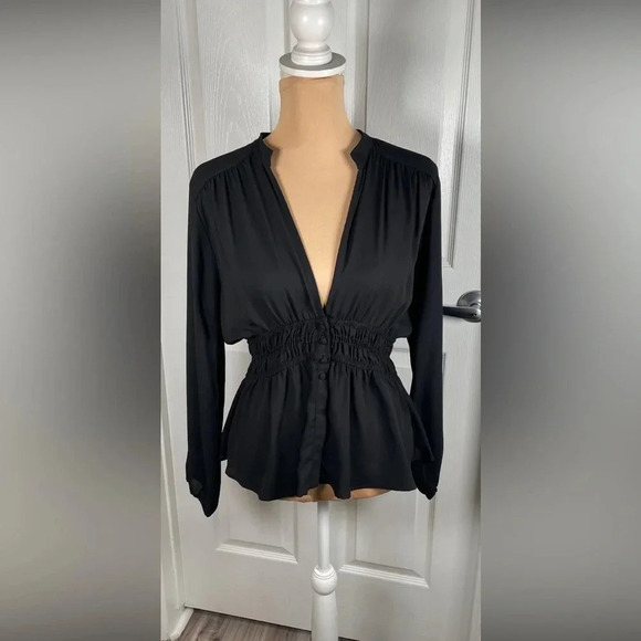 🖤 VERONICA M Waist-Defined Smocked Tie-Front Ruched Blouse NWT Small - Picture 5 of 8
